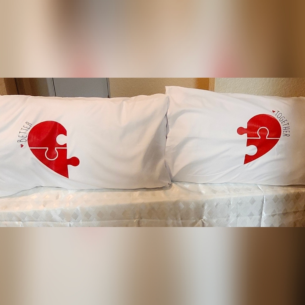 ❤️Hand Crafted King Red and White Puzzle Heart Pillowcases "BETTER TOGETHER"